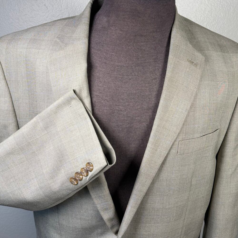 Chaps Sport Coat Blazer Men's 46L Tan Gray Blue Windowpane plaid 2 Button Long